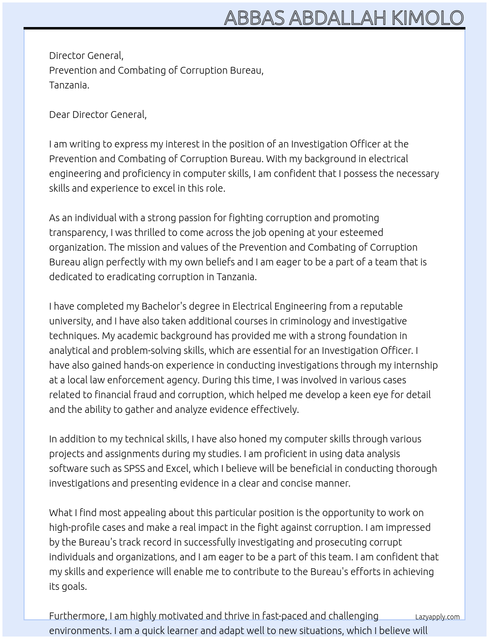 Investigation officer At Prevention and Combating of Corruption Bureau Cover Letter