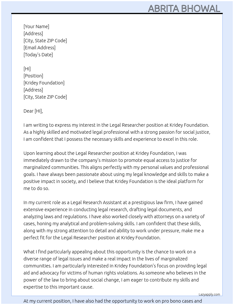 Legal researcher At Kridey foundation Cover Letter