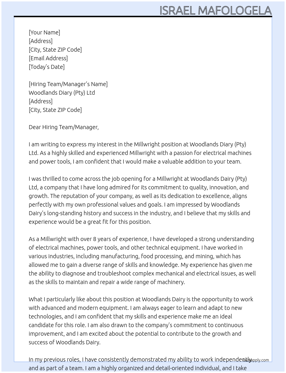 Cover letter for millwright - LazyApply