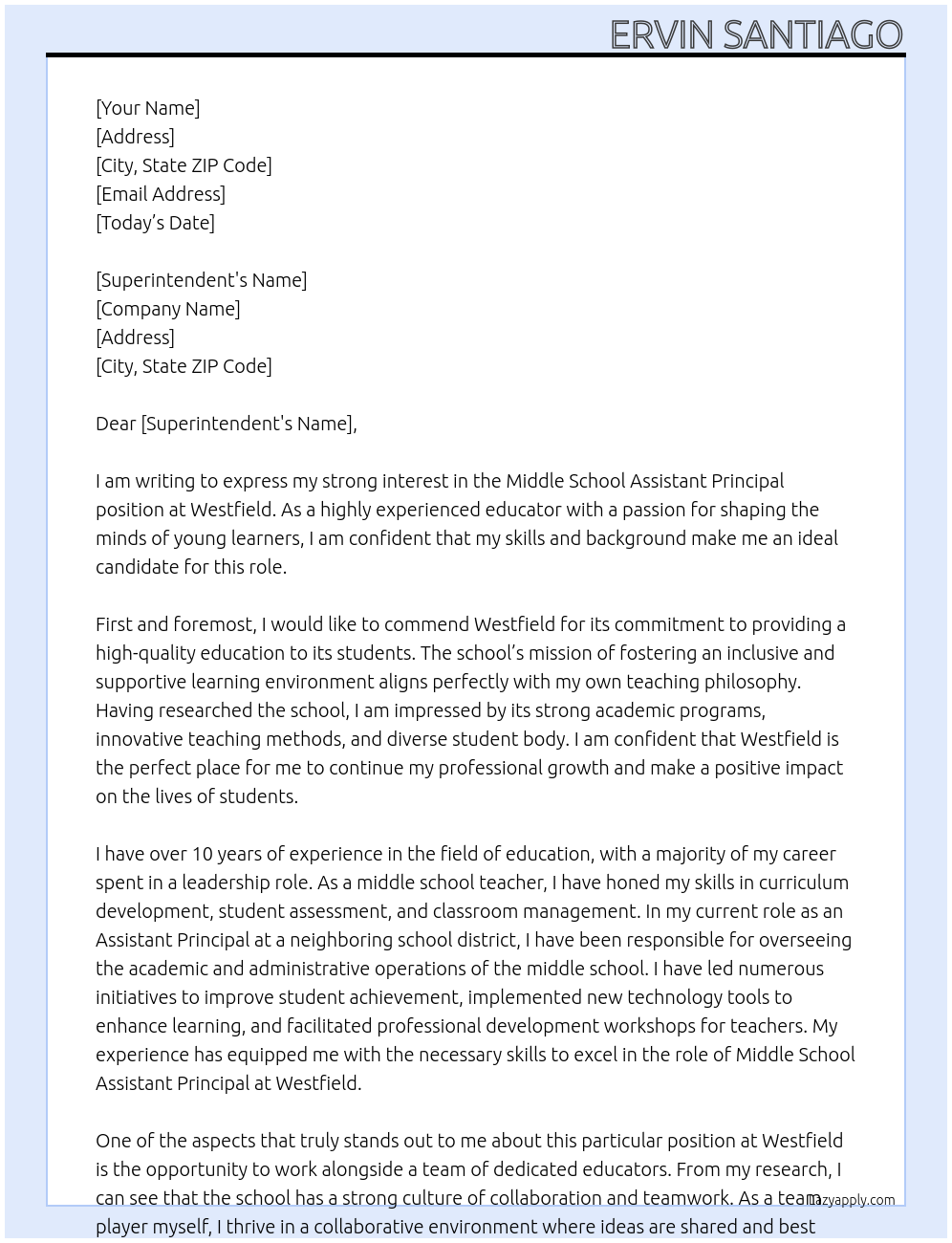 Cover letter for middle school assistant principal - LazyApply