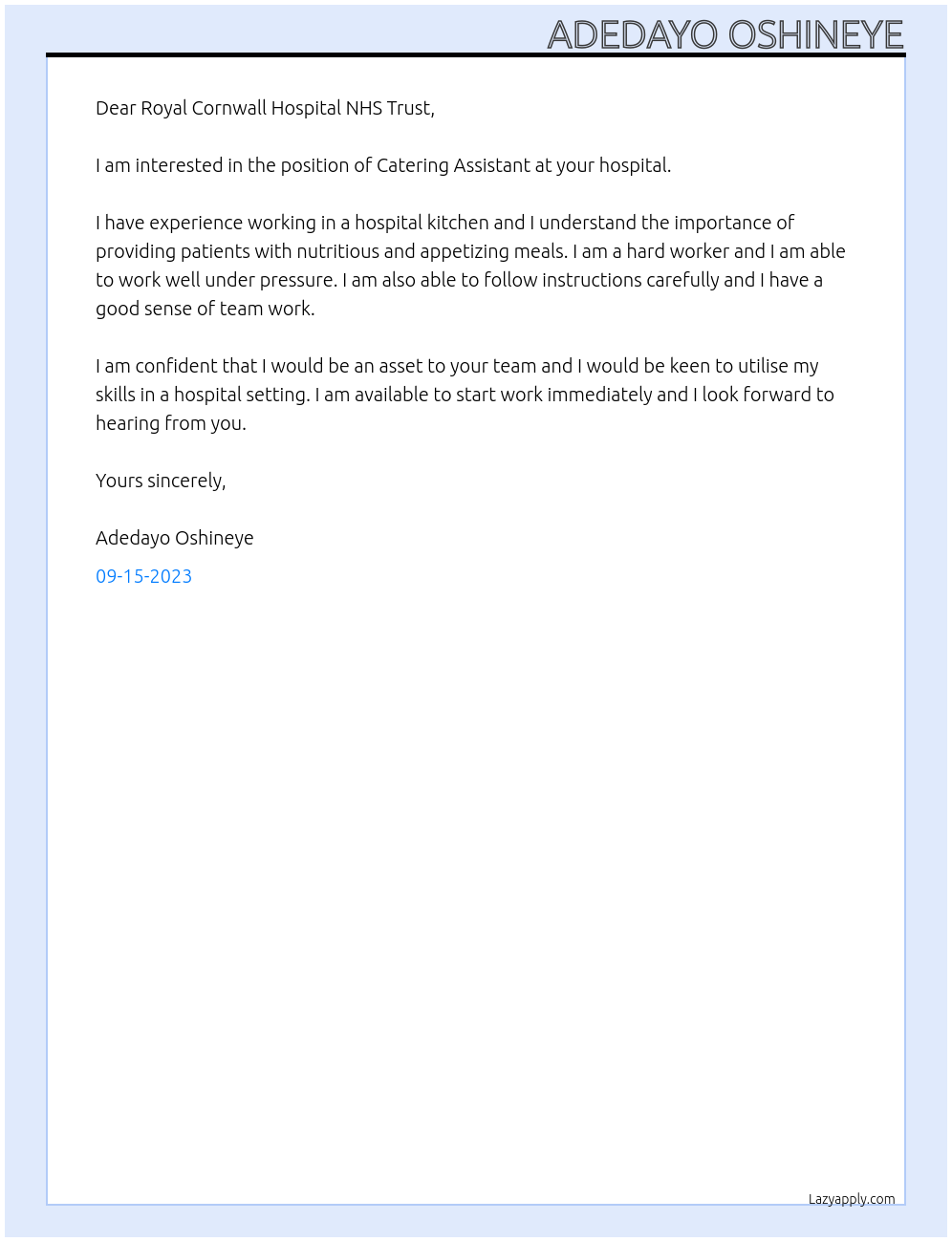 Catering Assistant At Royal Cornwall Hospital NHS Trust Cover Letter