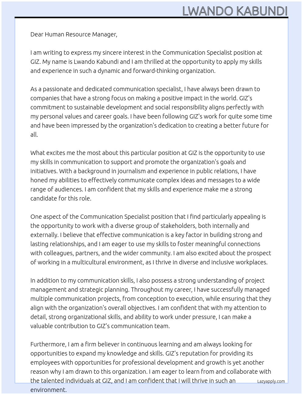 Communication Specialist At GIZ Cover Letter