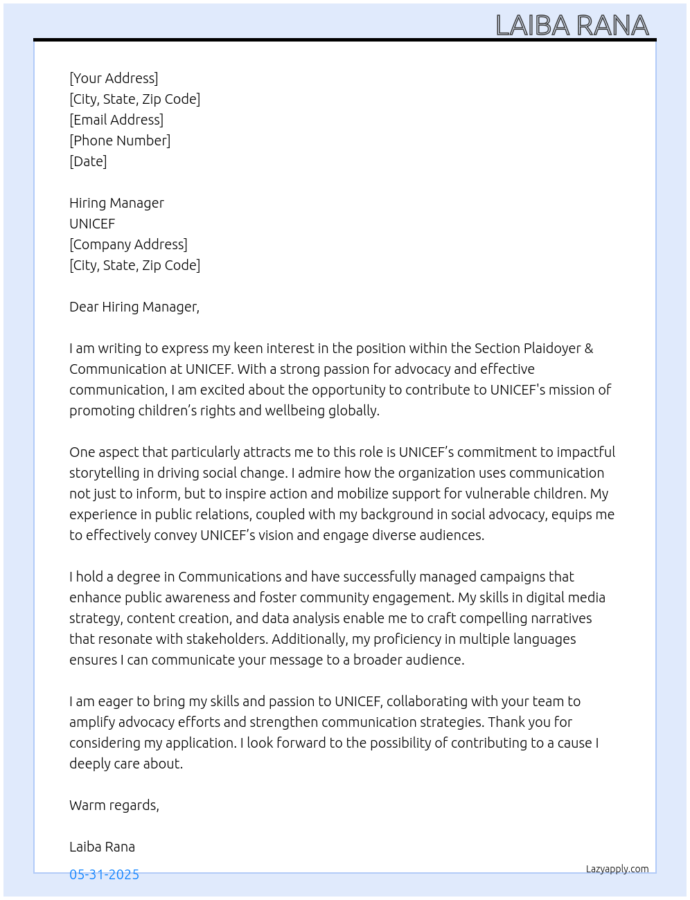 Section Plaidoyer & Communication At UNICEF  Cover Letter