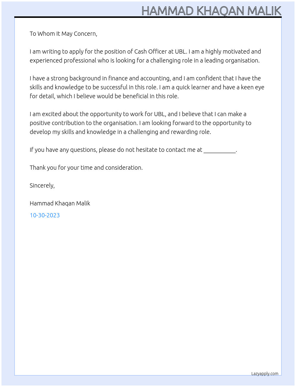 Cash officer  At UBL Cover Letter