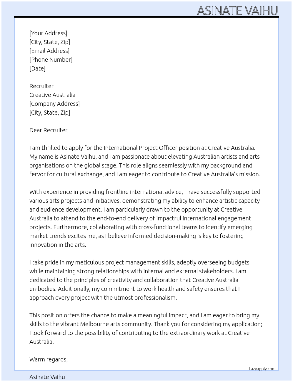 Cover letter for international project officer - LazyApply