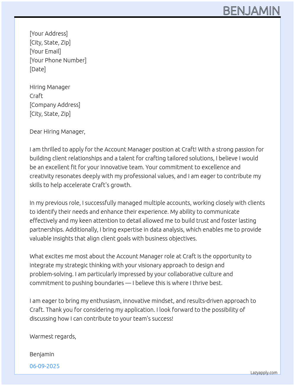 Account Manager At Craft Cover Letter