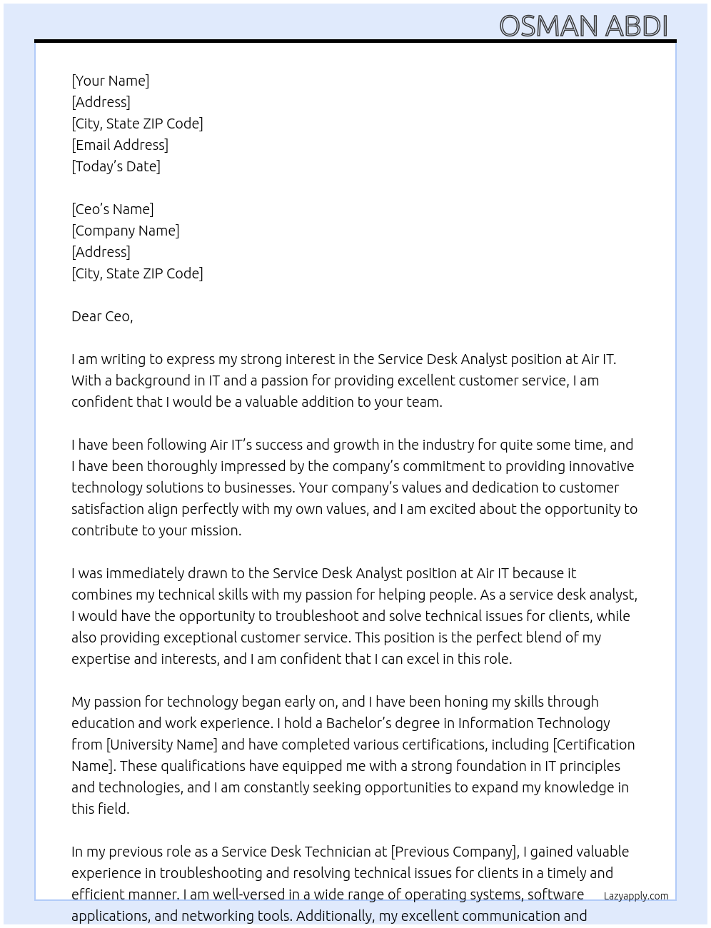 Service desk analyst At Air IT Cover Letter