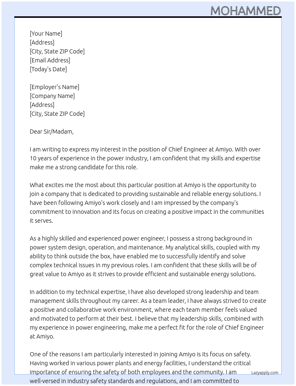 Chief Engineer At Amiyo Cover Letter