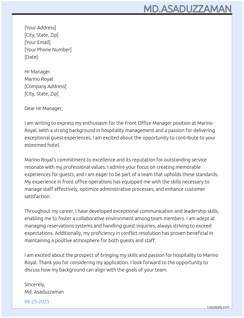 Cover letter for front office manager - LazyApply