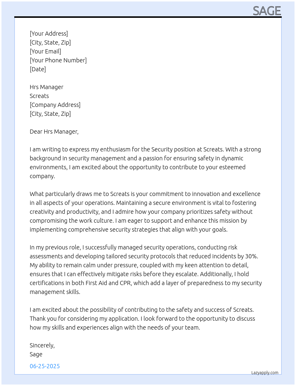 Security  At Screats Cover Letter