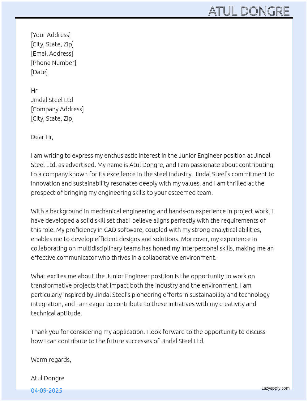 Junior engineer At Jindal steel Ltd Cover Letter