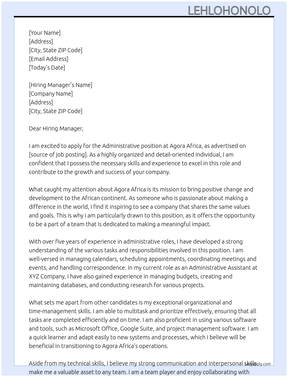 Administrative  At Agora Africa Cover Letter