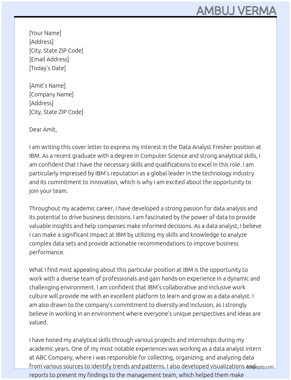 Data analyst fresher At Ibm Cover Letter
