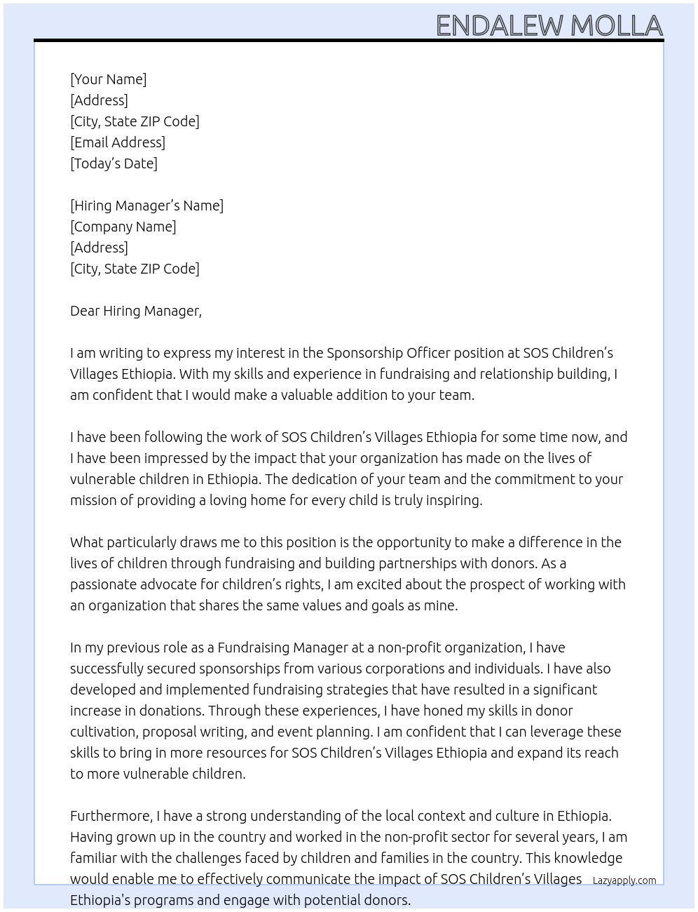 Sponsorship Officer At SOS Children’s Villages Ethiopia Cover Letter
