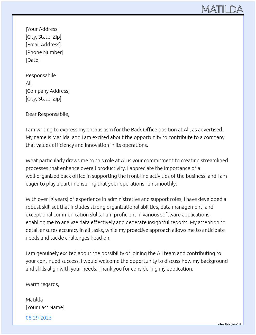 back office At ali Cover Letter