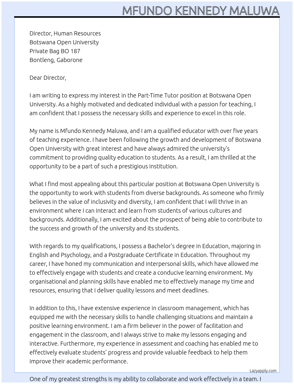 Part time tutor At Botswana Open University Cover Letter