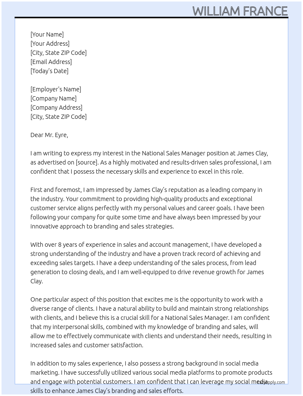 National Sales Manager  At James Clay  Cover Letter