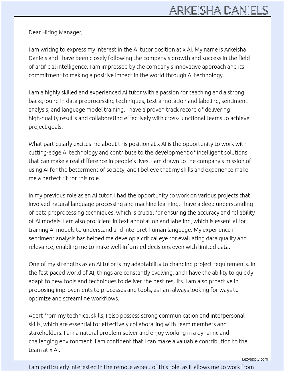 AI tutor At x AI Cover Letter