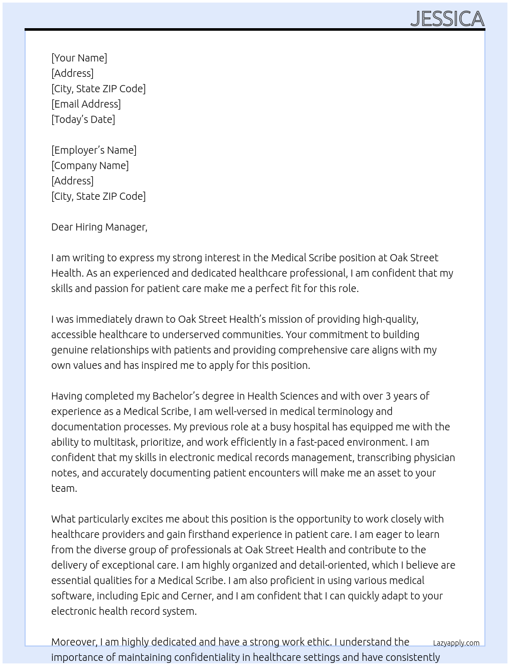 Medical Scribe At Oak Street Health Cover Letter