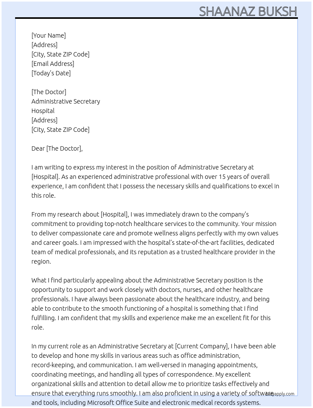 Administrative Secretary At Hospital Cover Letter