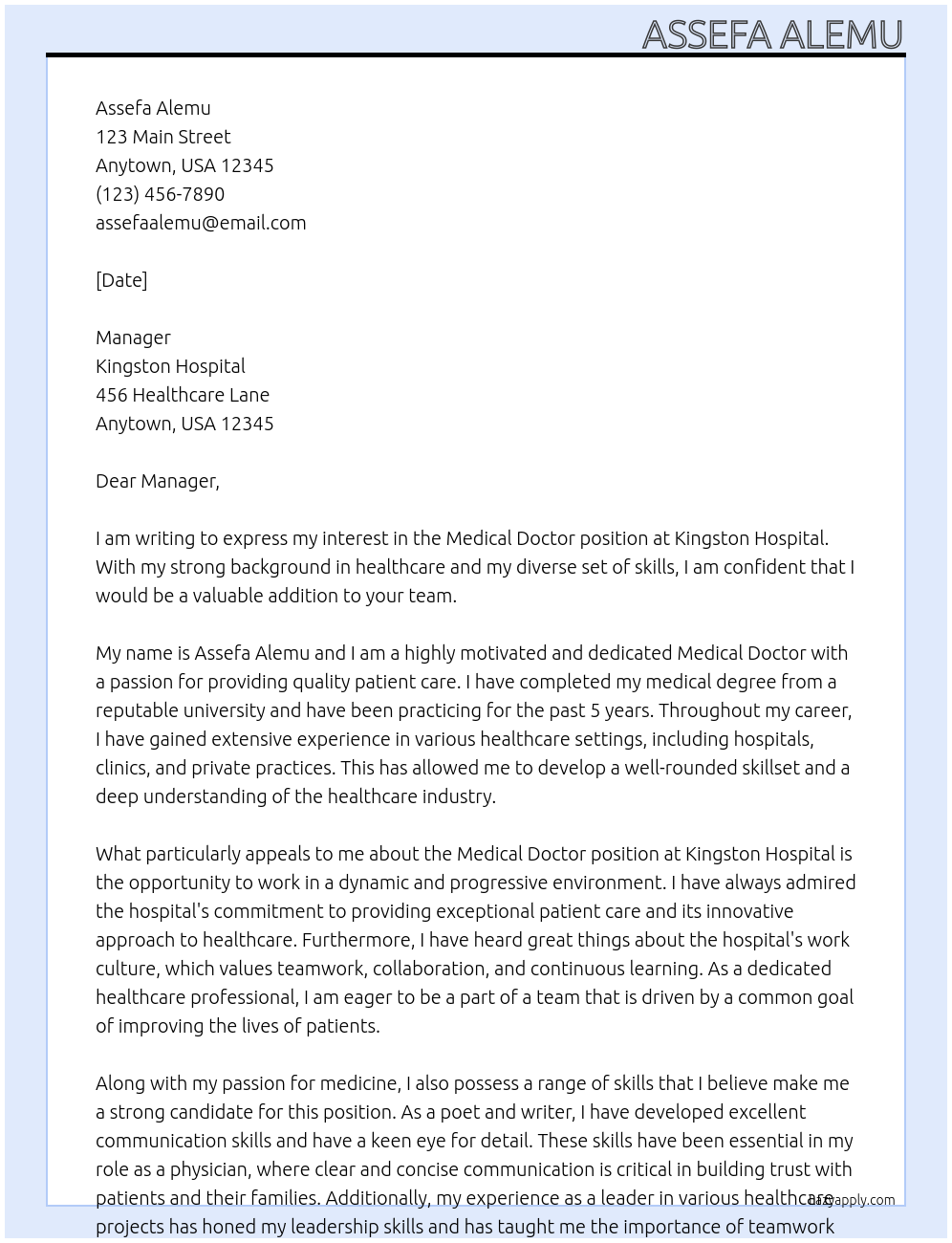 Medical doctor At Kingston hospital Cover Letter