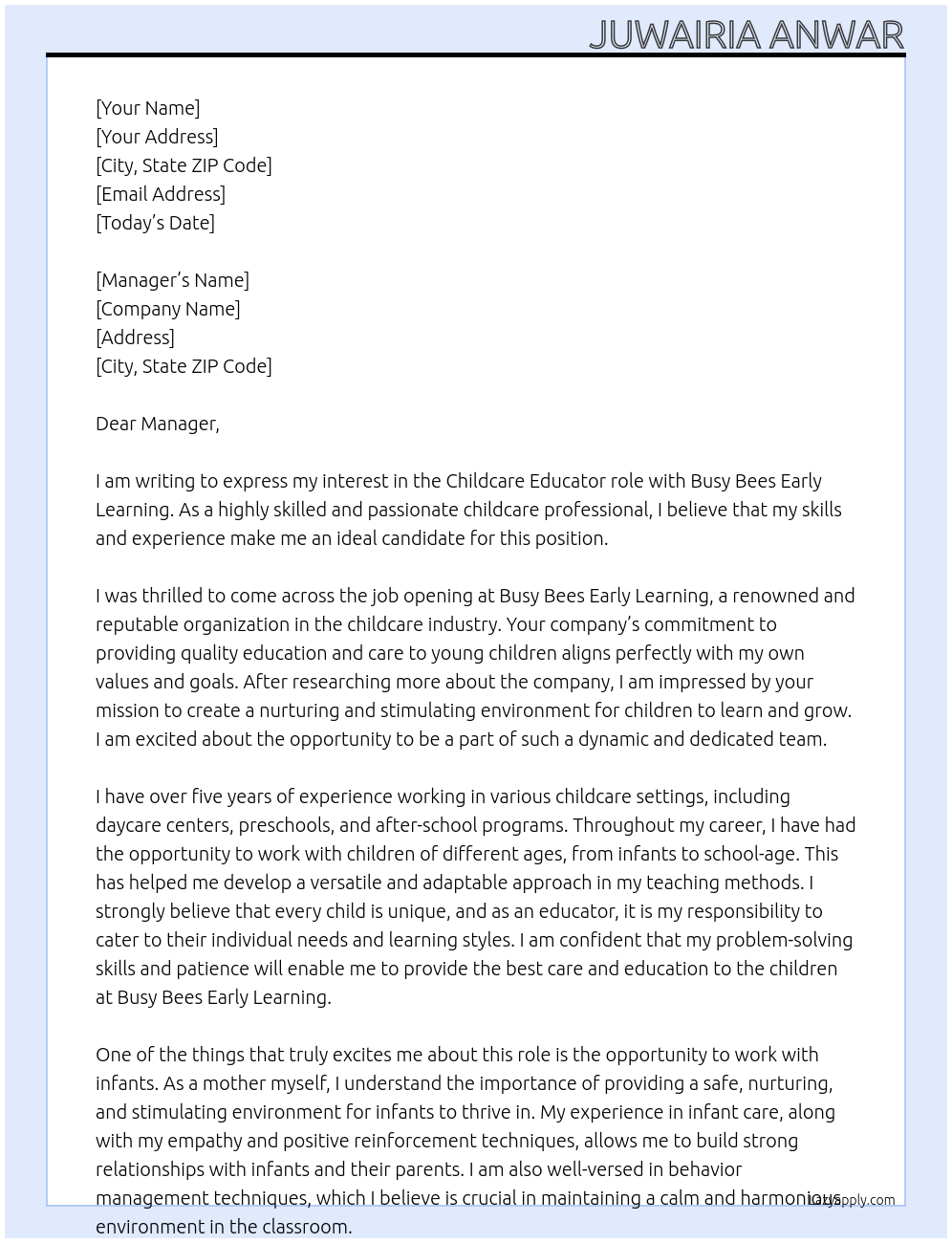 Childcare At Busy Bees Early Learning Cover Letter