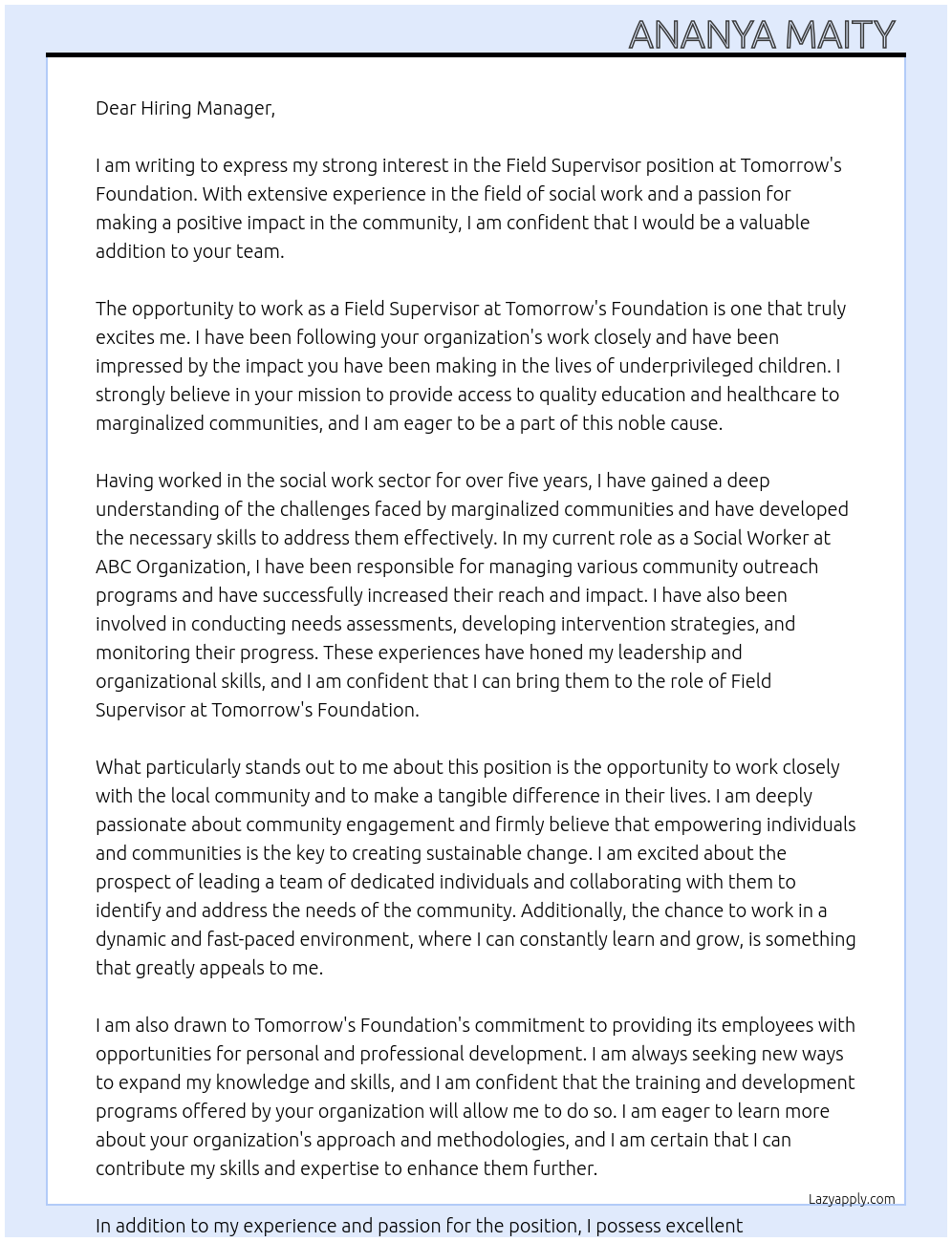 Field supervisor  At Tomorrow's foundation  Cover Letter