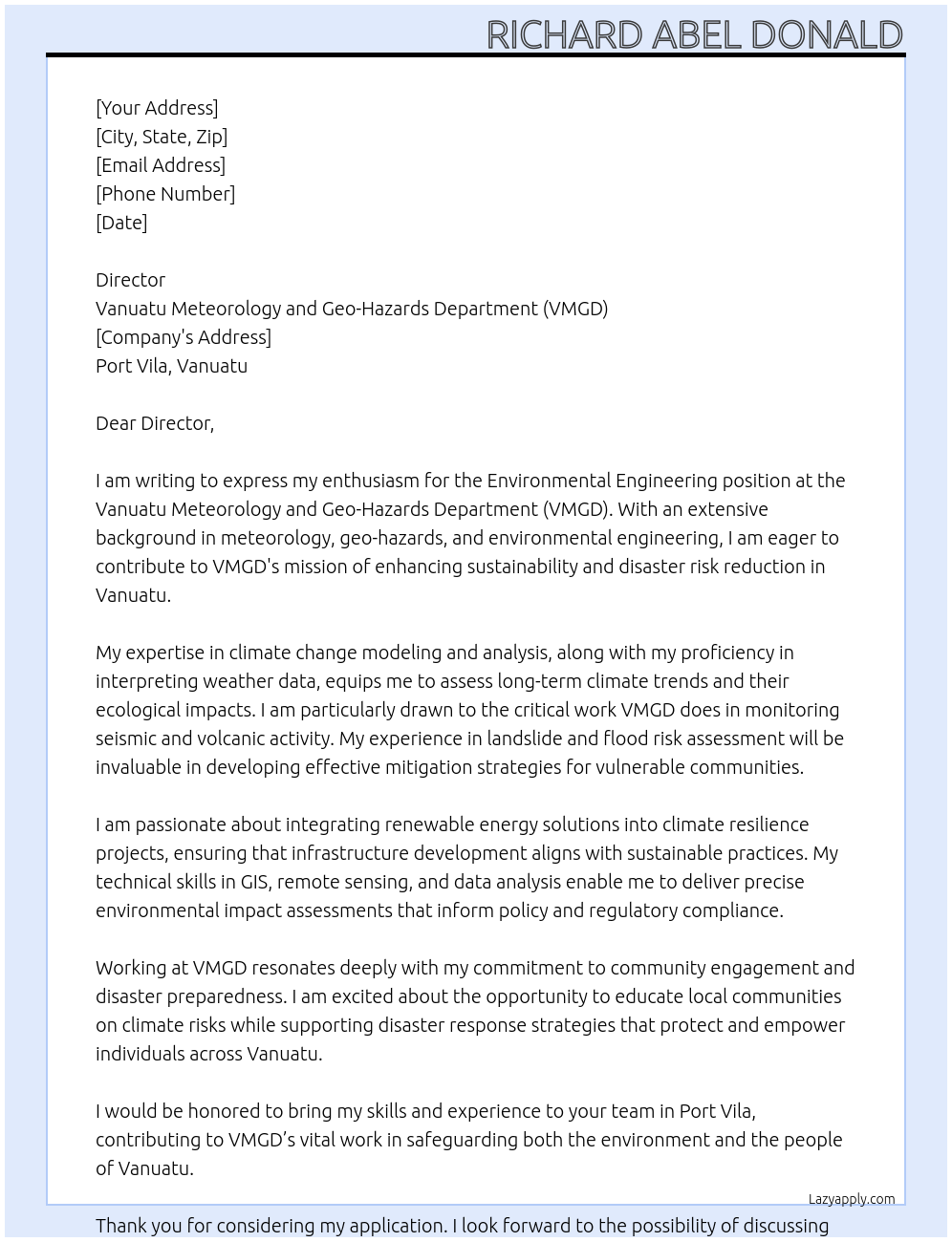 Cover letter for environmental engineering - LazyApply