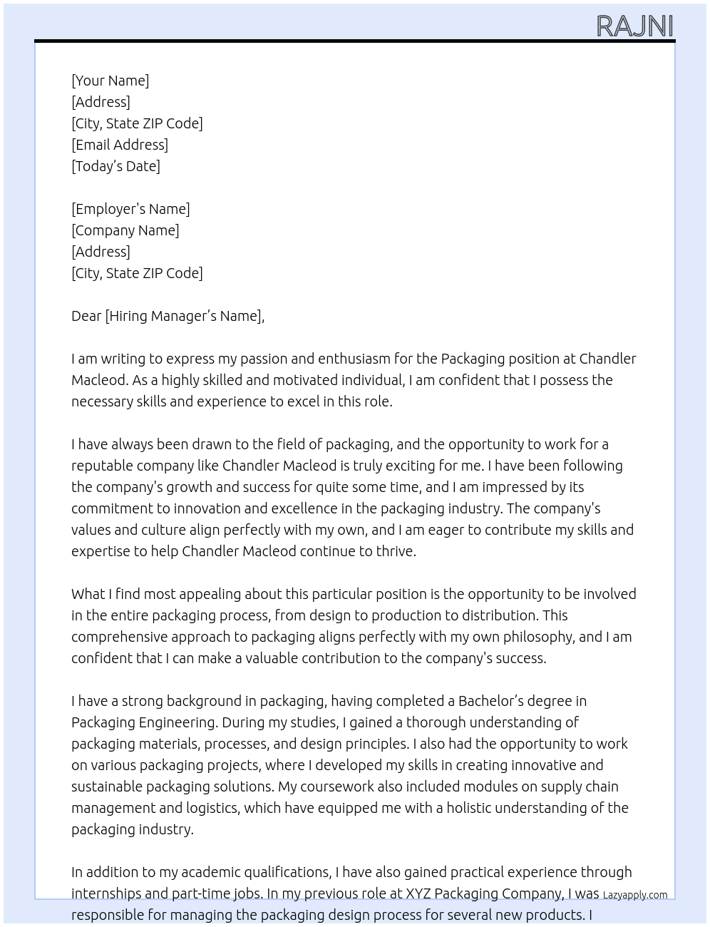 Packaging At Chandler Macleod Cover Letter