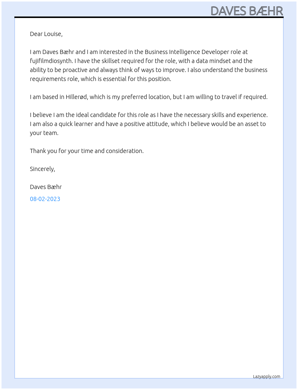 Business Intelligence Developer At fujifilmdiosynth Cover Letter