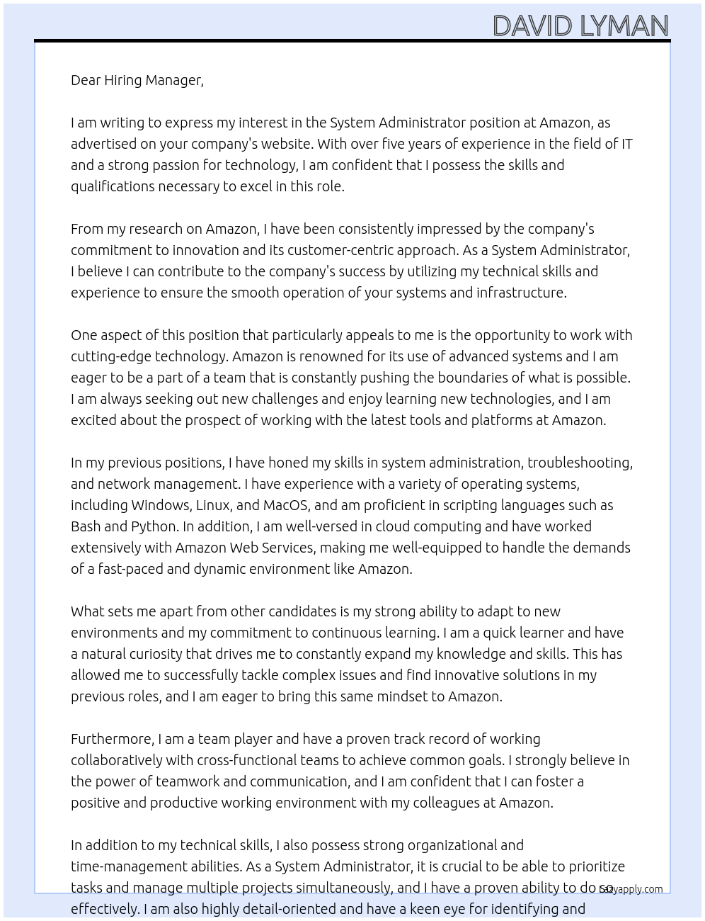 System Administrator At Amazon Cover Letter