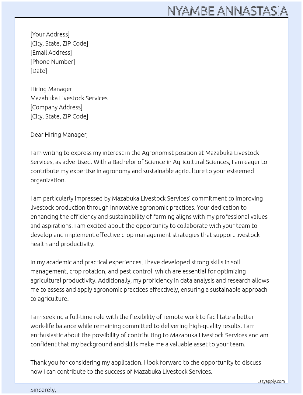 Agronomist At Mazabuka livestock services Cover Letter