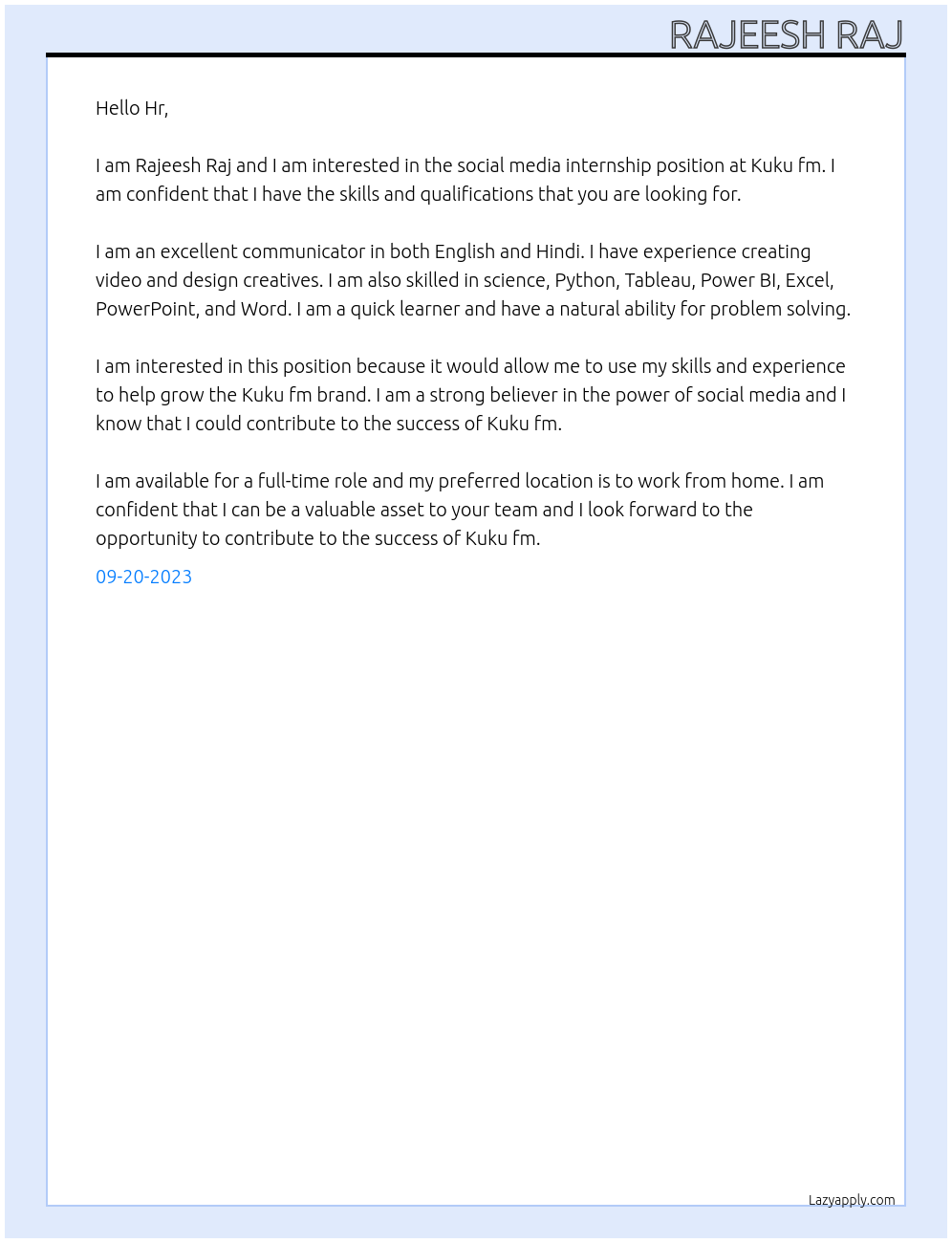 Social media internship At Kuku fm Cover Letter