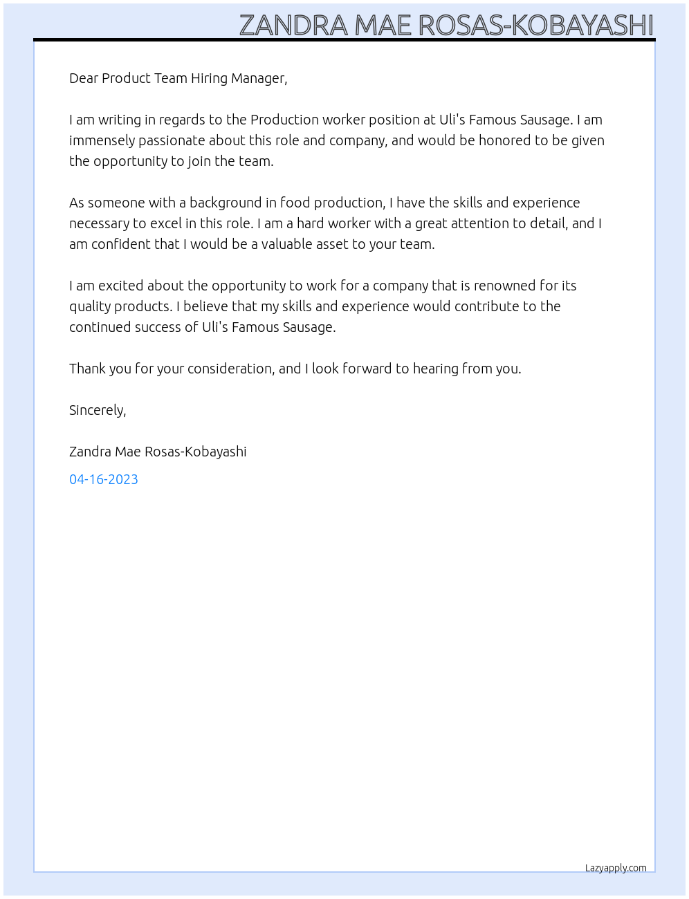 Production worker At Uli's Famous Sausage Cover Letter