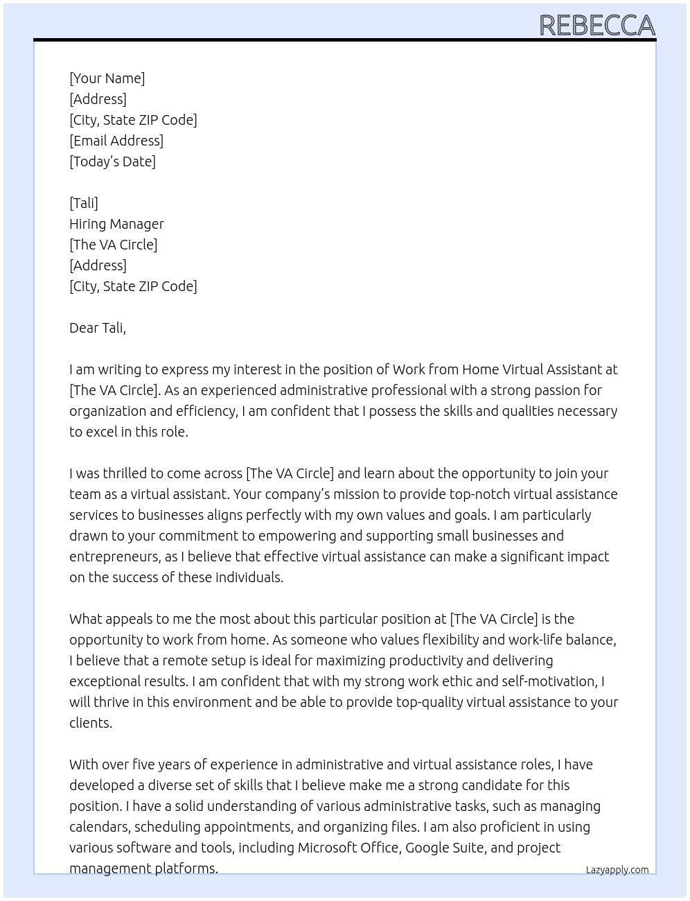 Cover letter for work from home virtual assistant - LazyApply