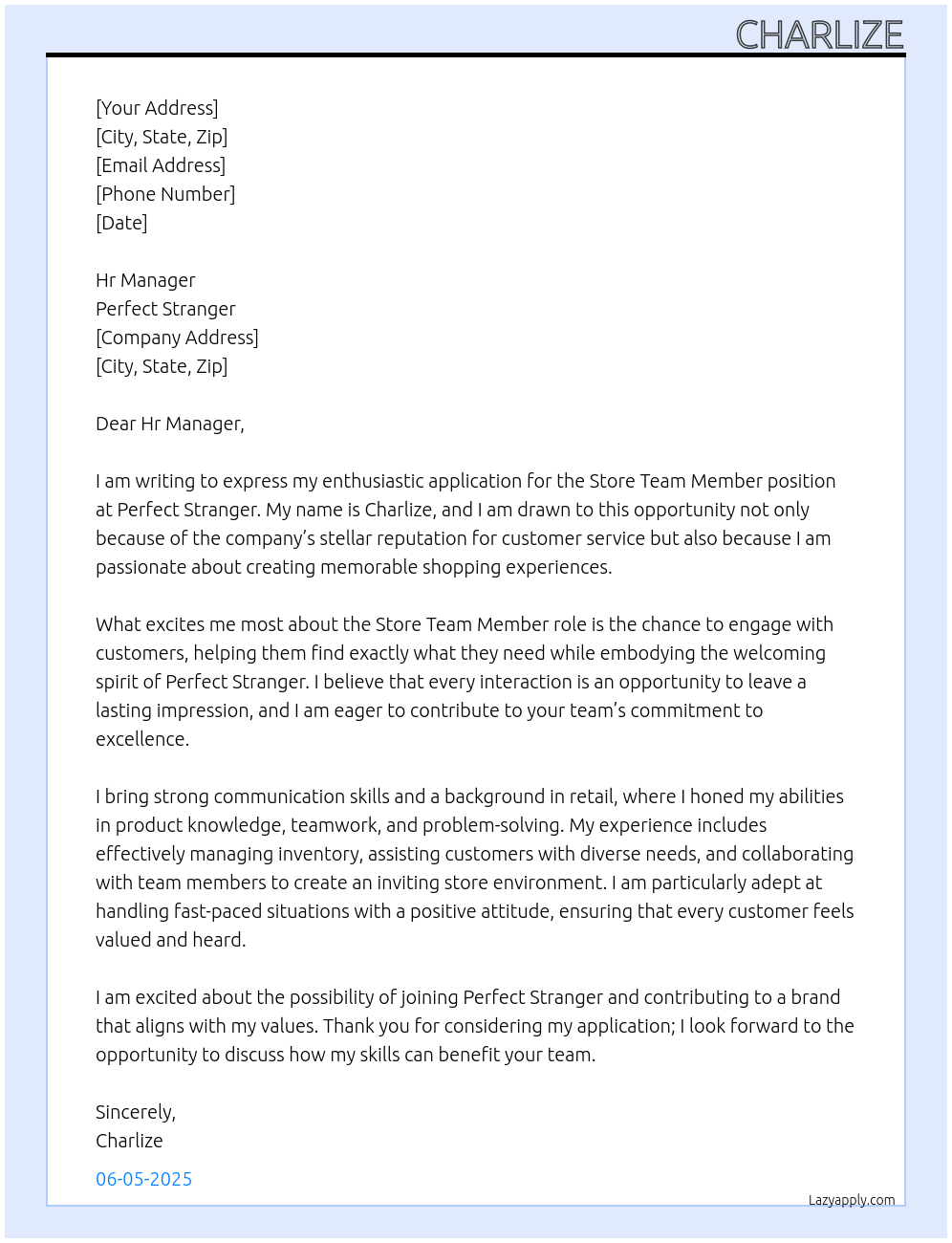 Store Team Member At Perfect Stranger Cover Letter