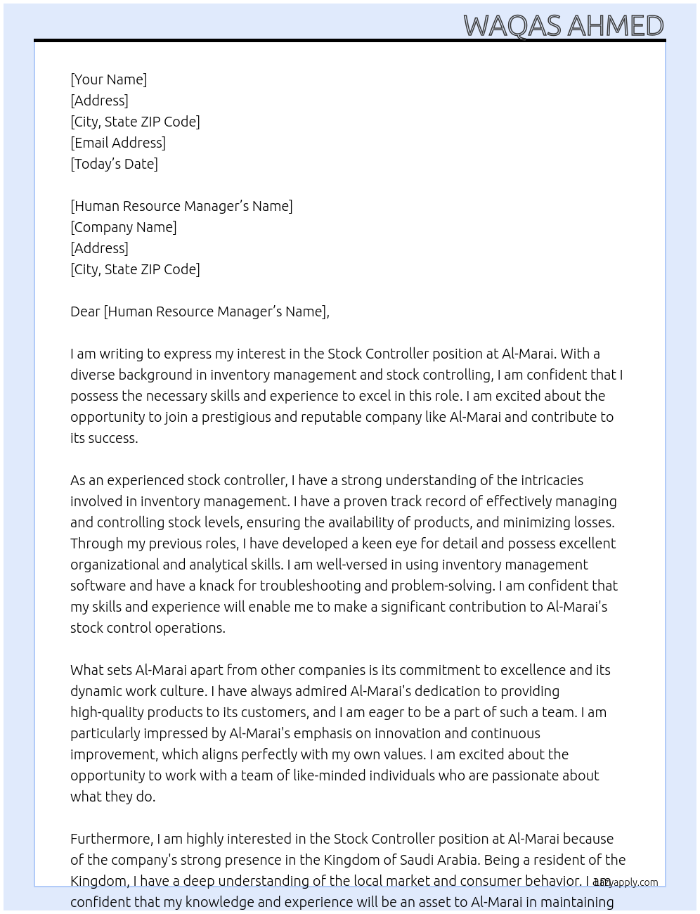 STOCK CONTROLLER At Al-Marai Cover Letter