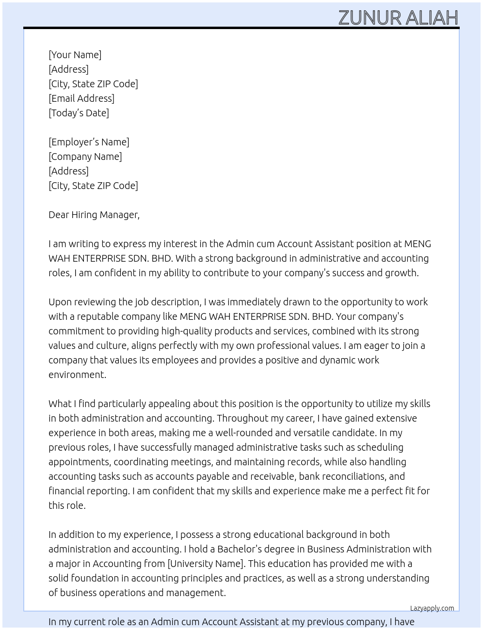 Admin cum Account Assistant At MENG WAH ENTERPRISE SDN. BHD Cover Letter