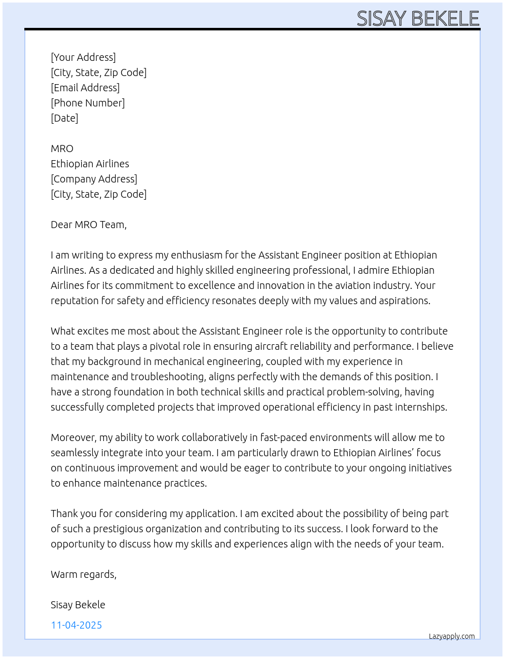 Cover letter for assistant engineer - LazyApply