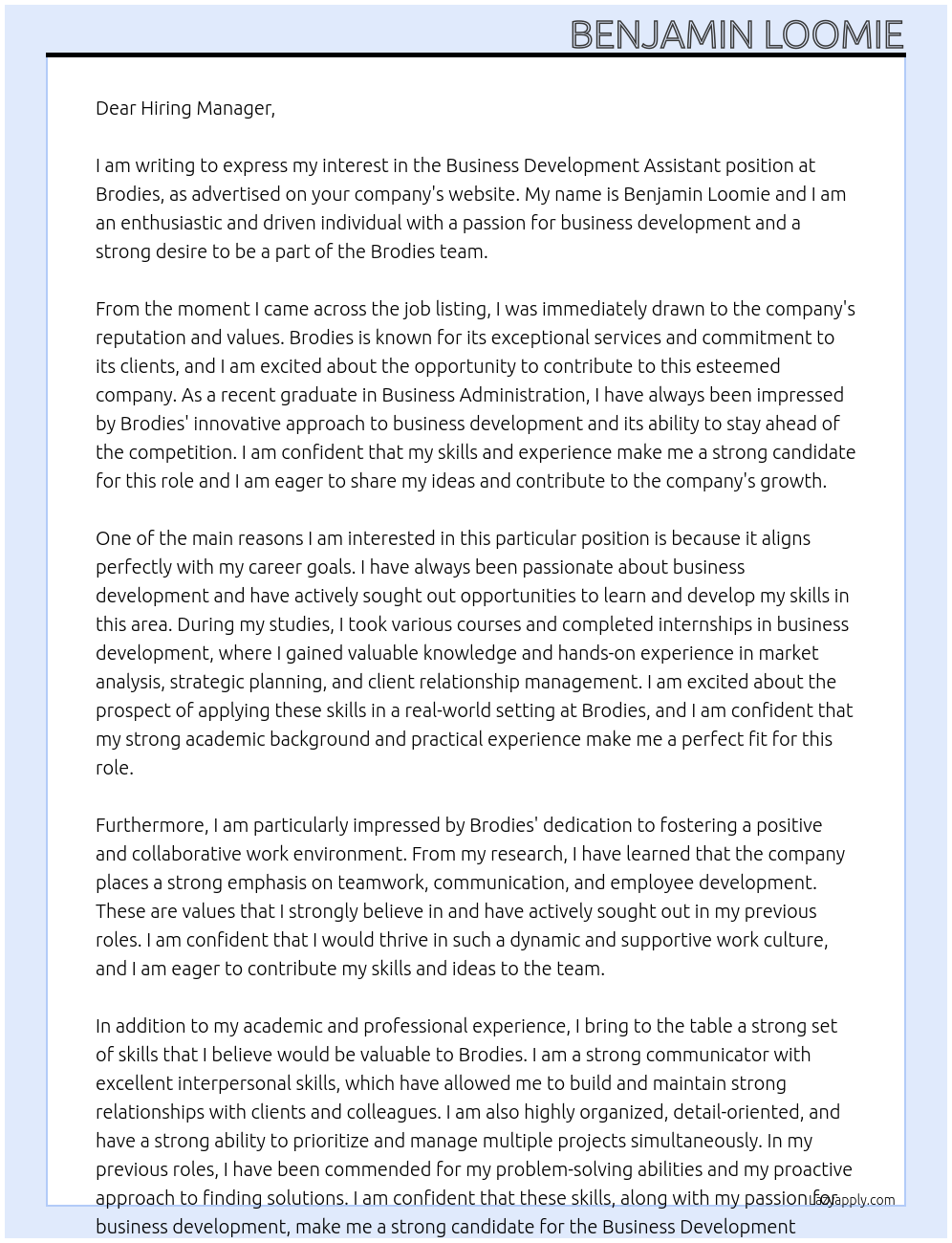 Business Development Assistant At Brodies Cover Letter