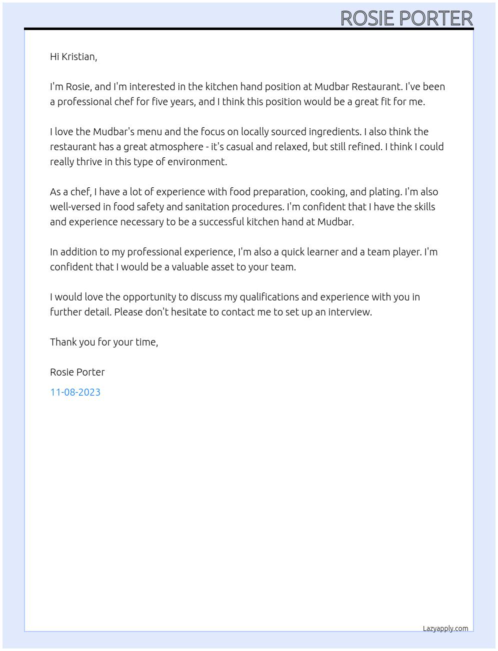 Kitchen hand At Mudbar Restaurant Cover Letter