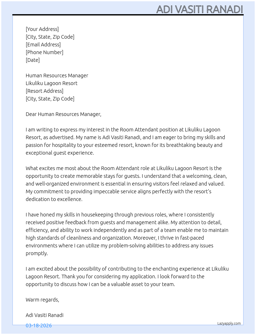 Cover letter for room attendant - LazyApply
