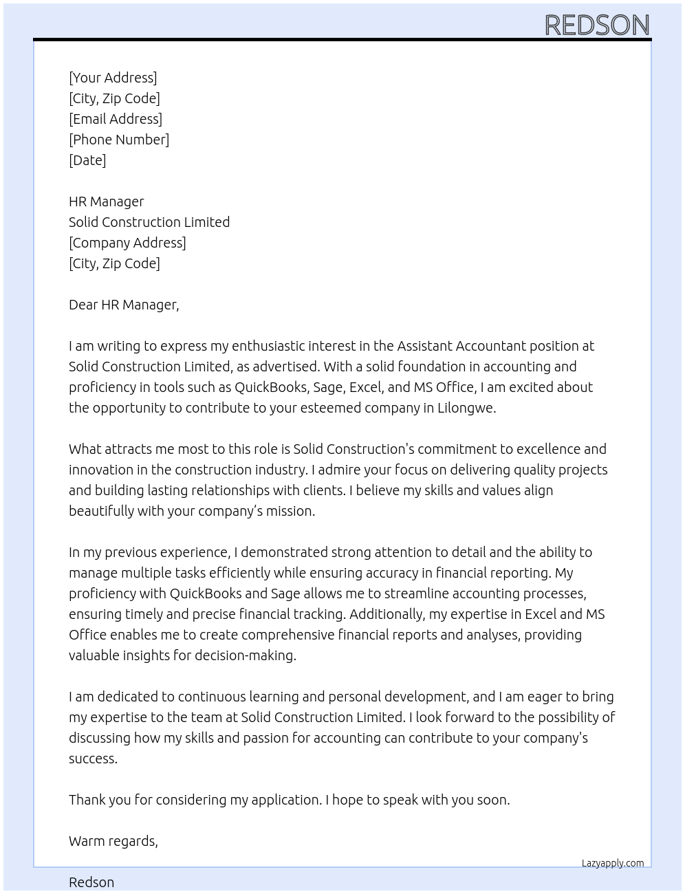 Assistant Accountant At Solid Construction Limited Cover Letter