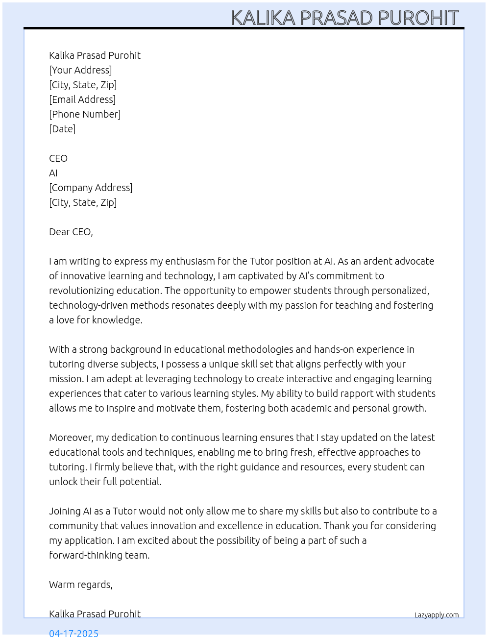 Tutor  At AI Cover Letter