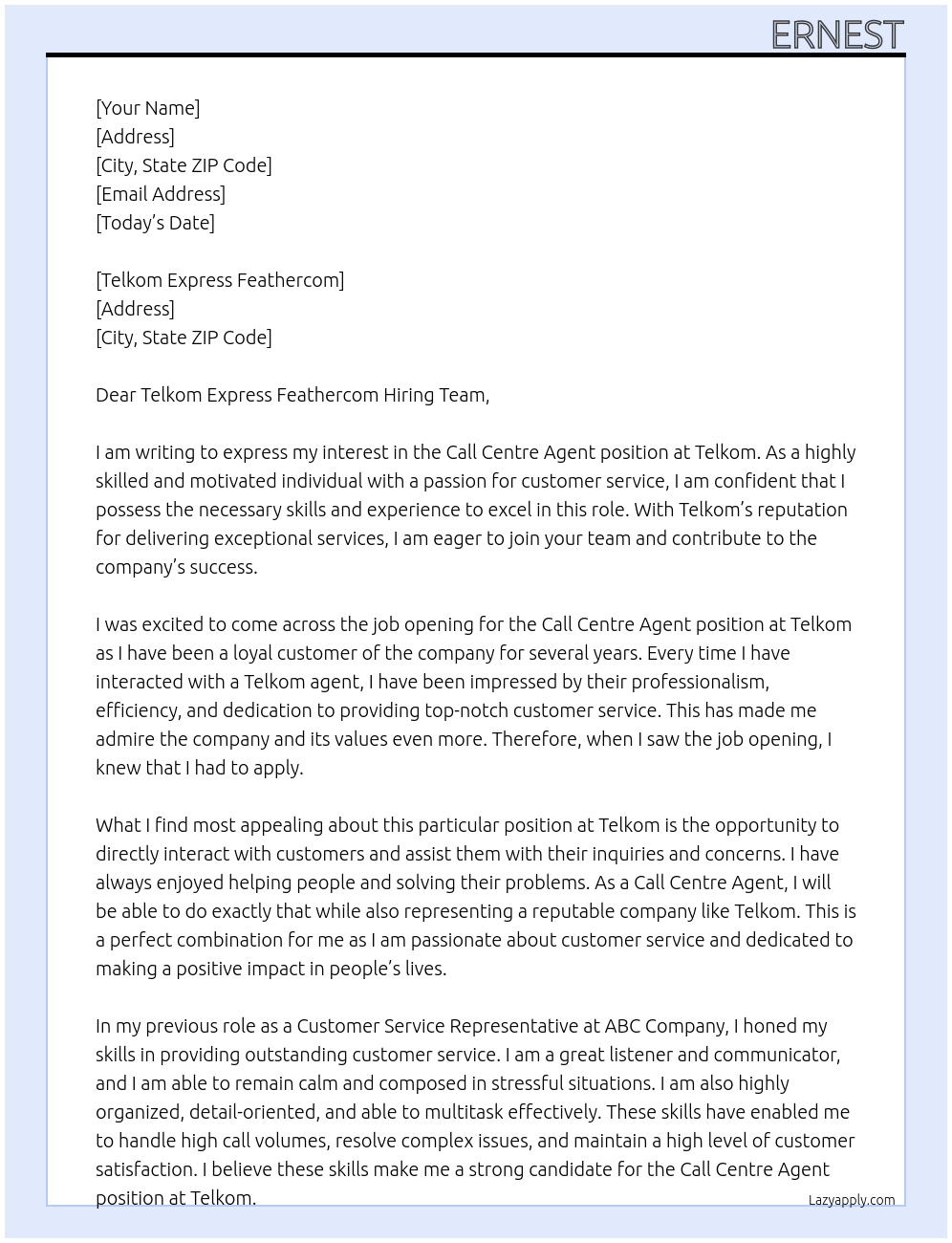 Call centre agent At Telkom Cover Letter