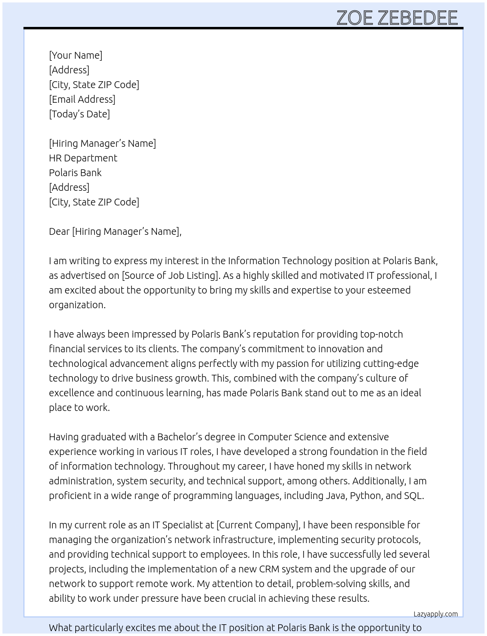 Information technology At Polaris Bank Cover Letter