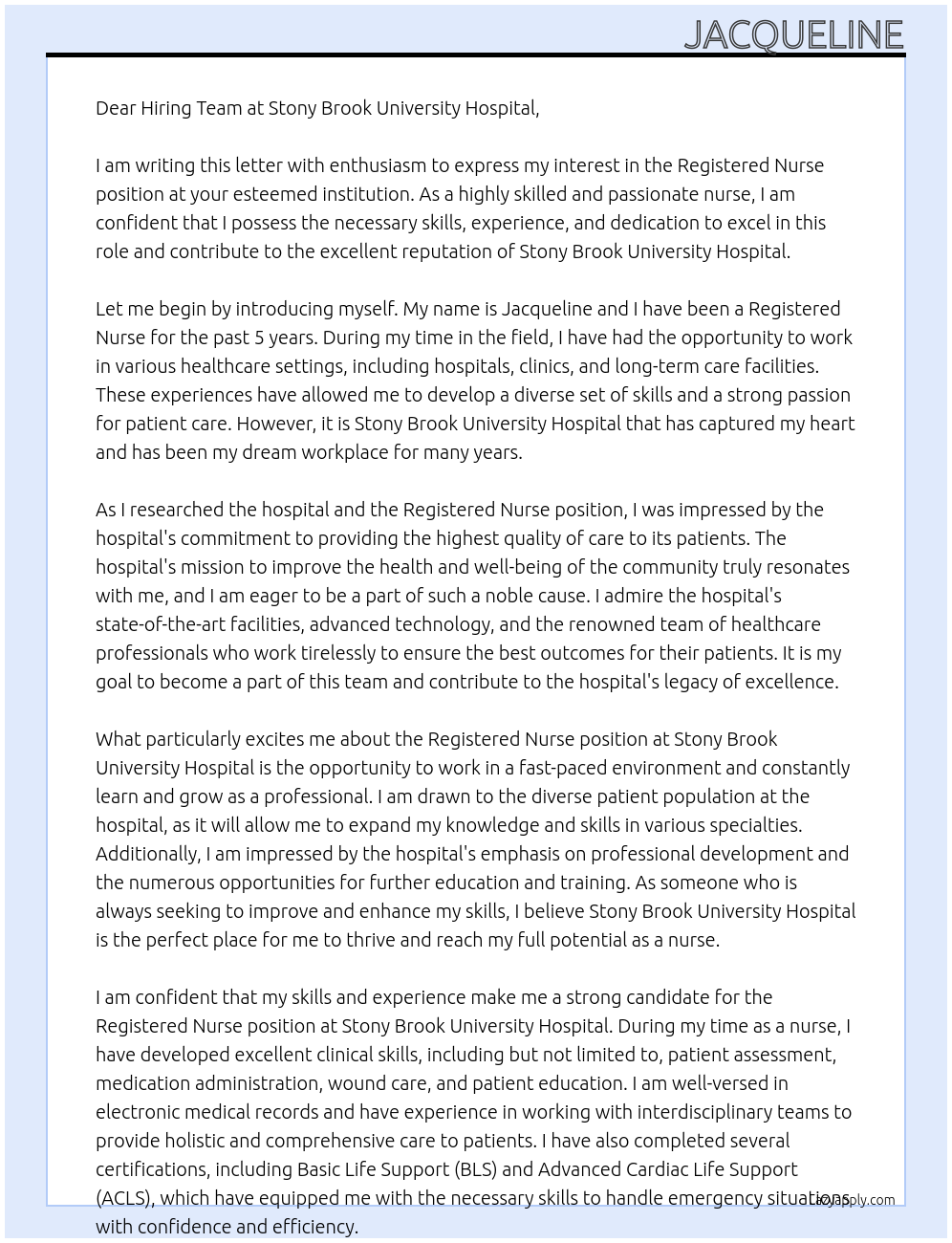 Registered Nurse At Stony Brook University Hospital Cover Letter