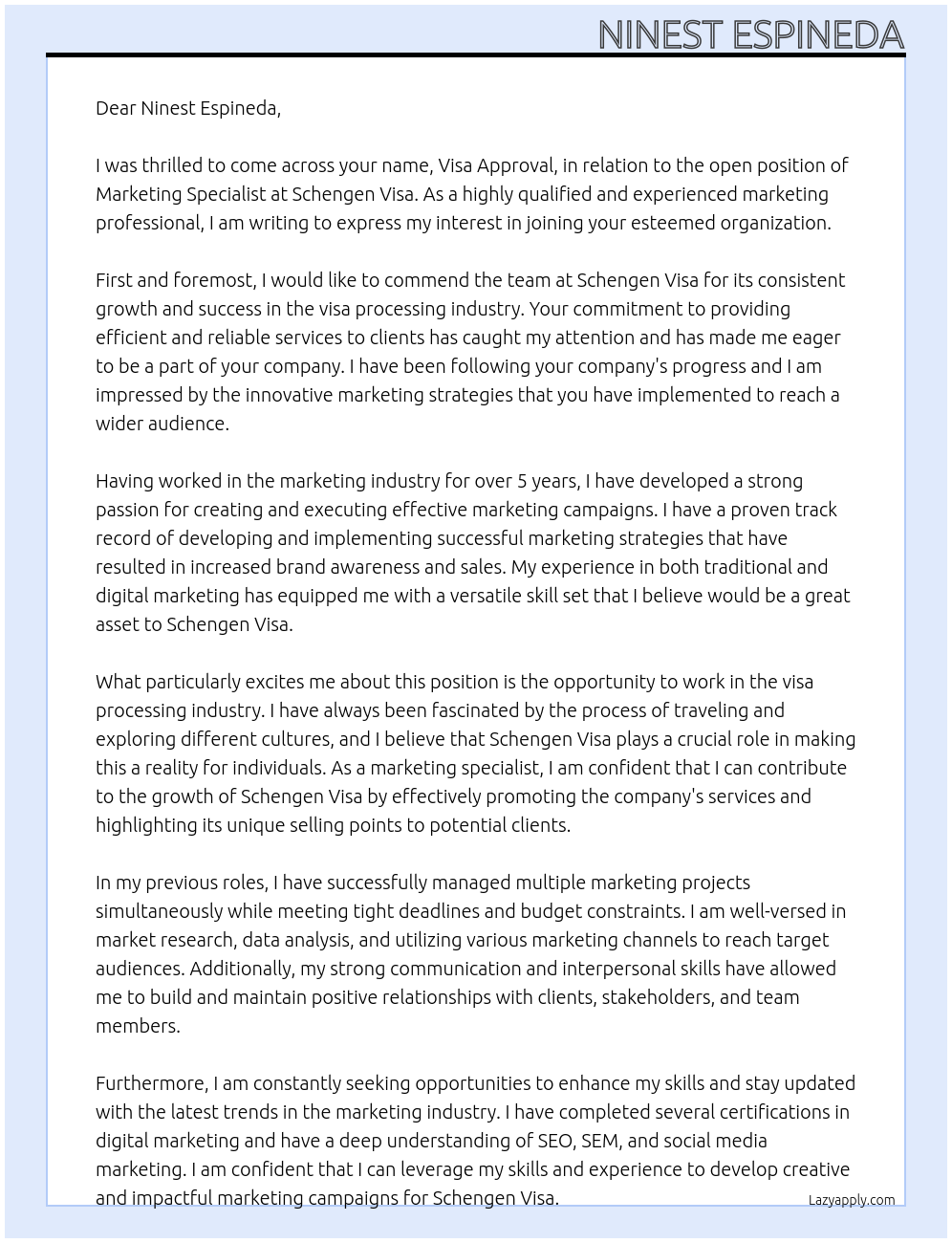 Marketing Specialist At Schengen Visa Cover Letter