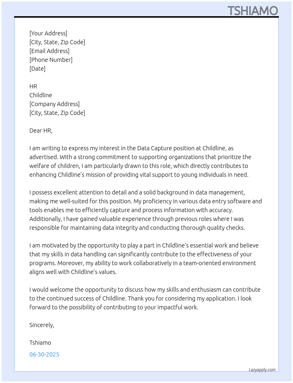 Data capture At Childline Cover Letter