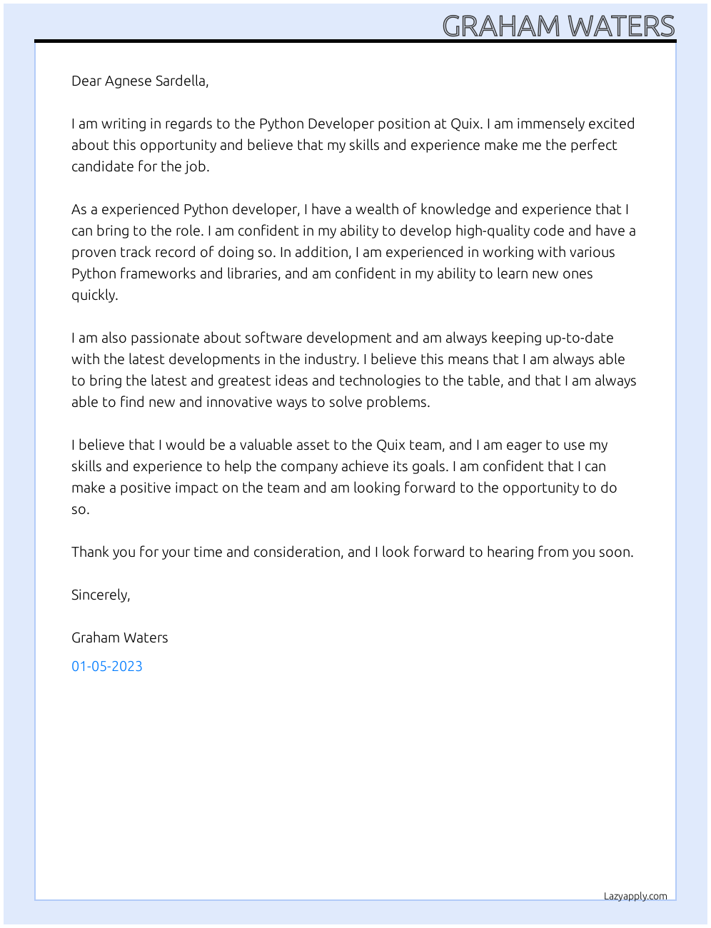 Python Developer At Quix Cover Letter